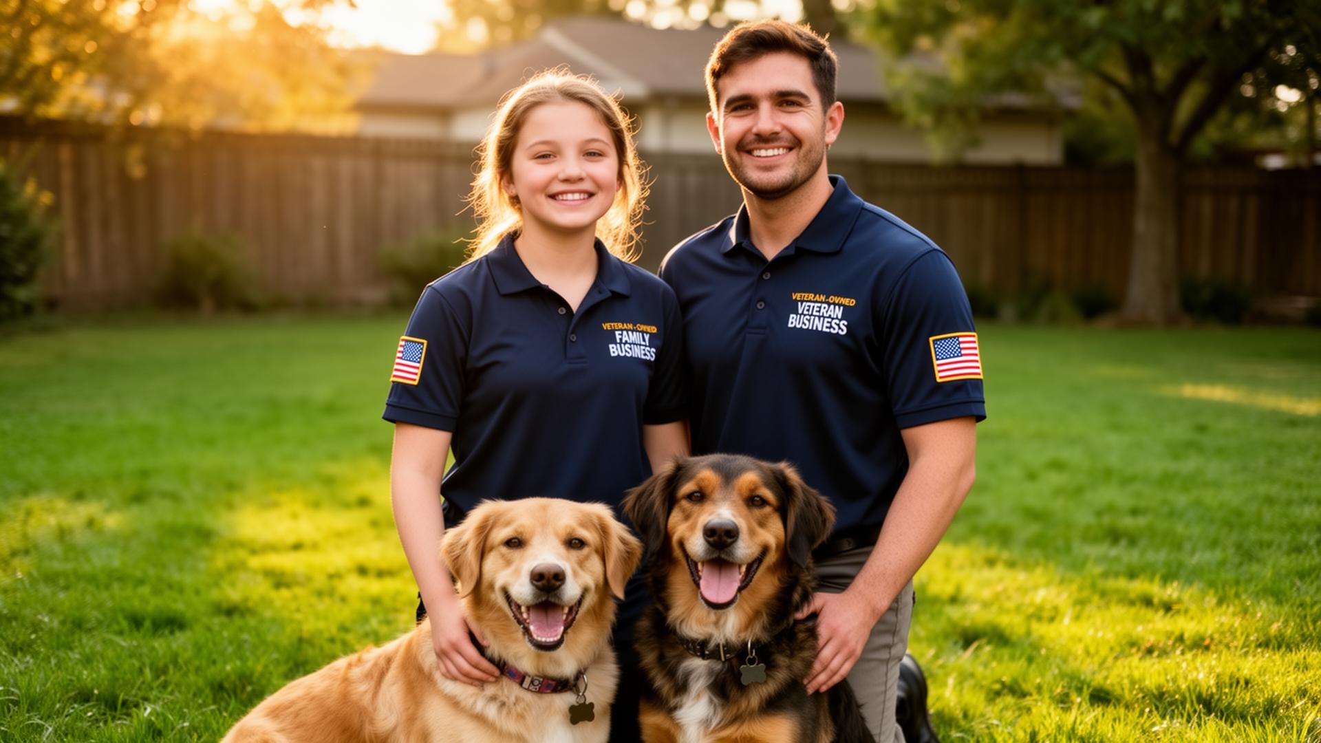 Brother and sister team in branded polo shirts with two happy dogs in a green backyard