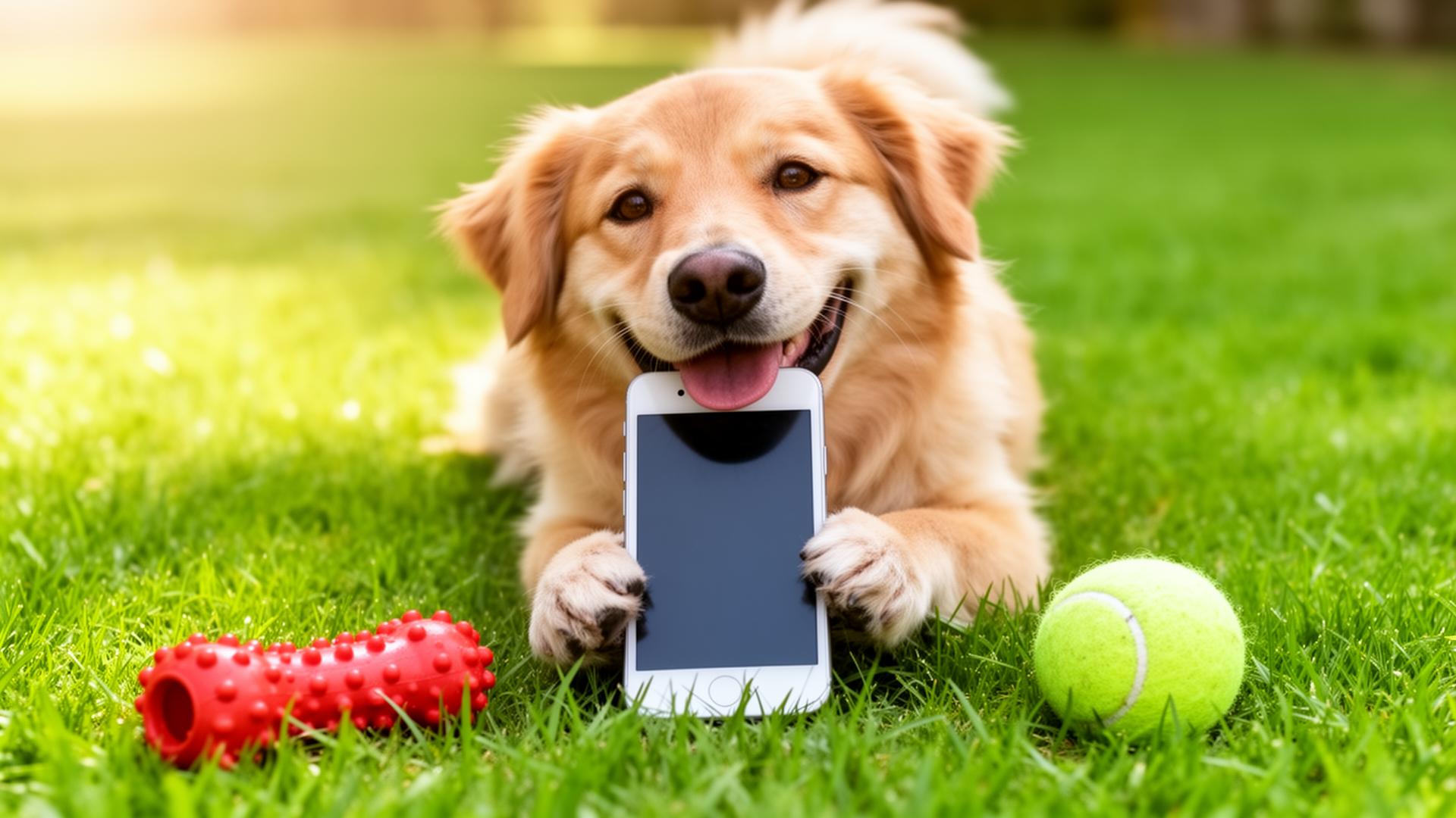Happy golden dog holding a smartphone in its mouth on green grass