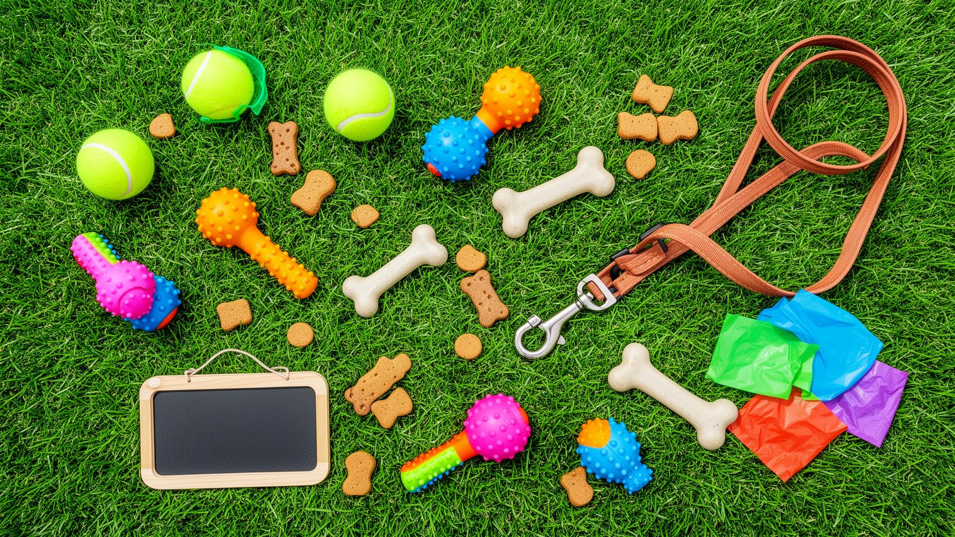 Dog toys, bones, leash, treats and colorful poop bags on bright green grass